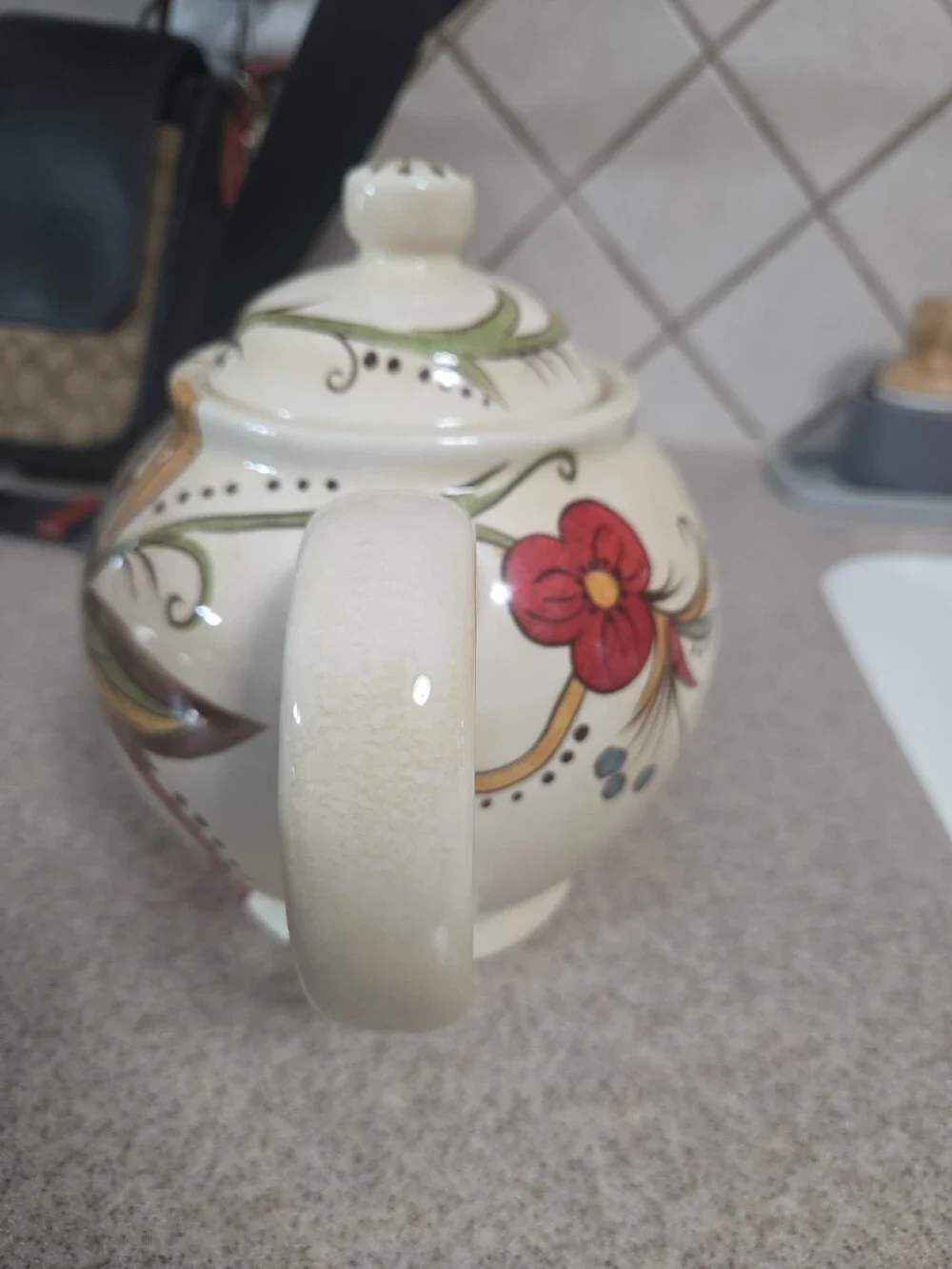 Pier 1 Imports Ceramic Teapot Floral Red Yellow Green Used